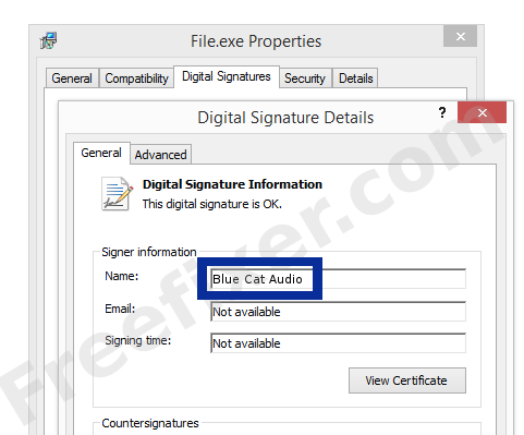 Screenshot of the Blue Cat Audio certificate